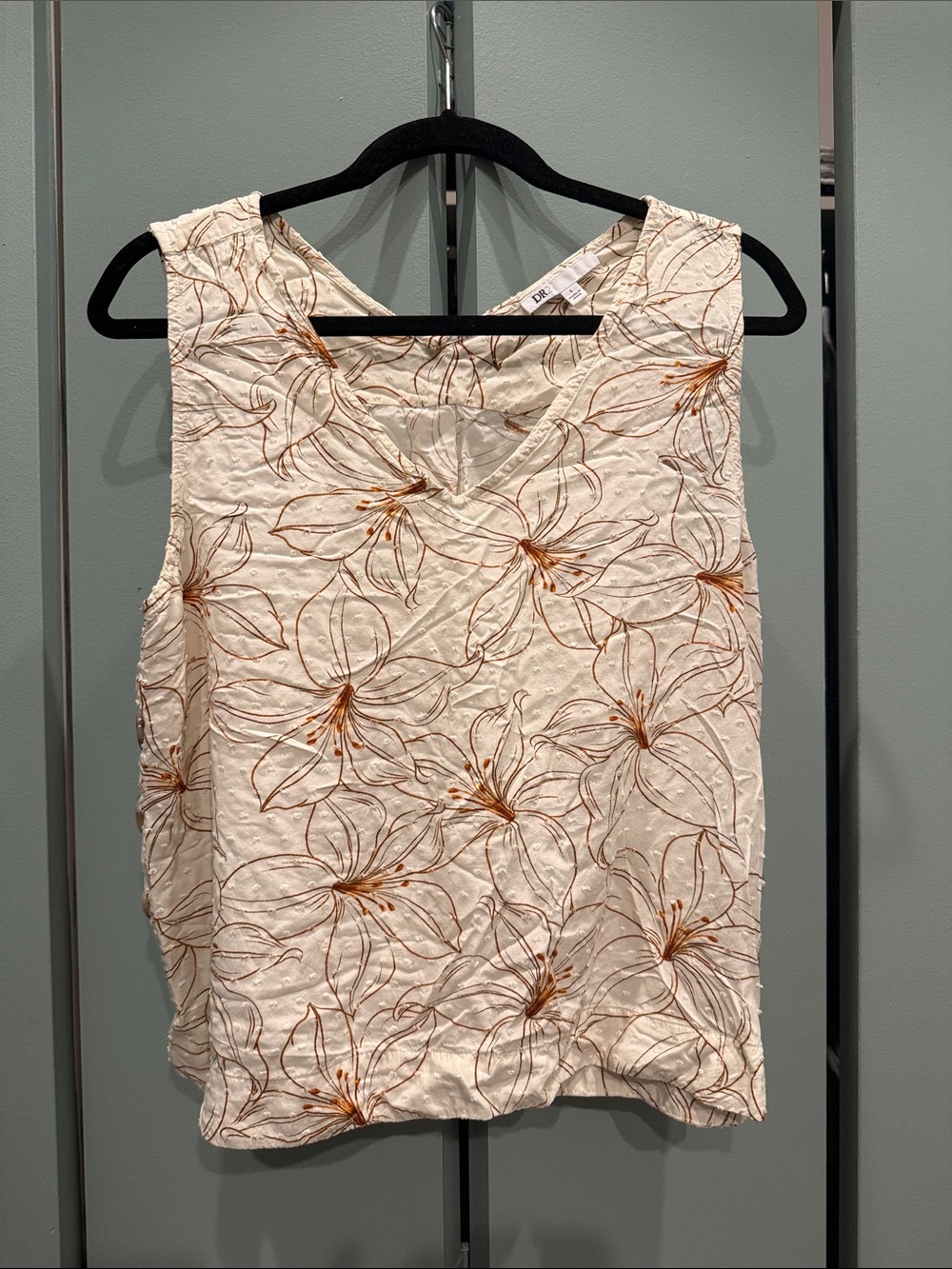 DR2 Cream Floral Sleeveless V-Neck Tank with Brown Linework and Button details